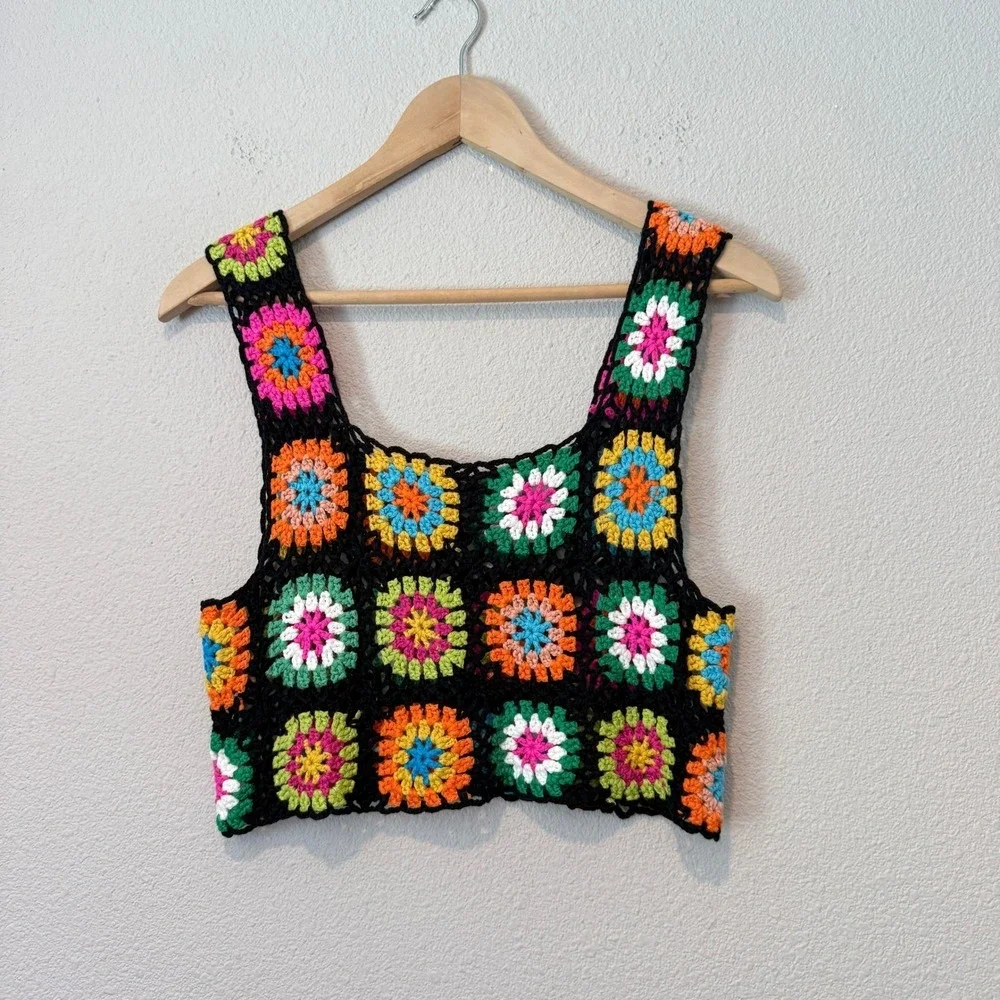 5 Handmade Crochet Granny Square Crop Tops Multi Color Boho Festival Tank Top